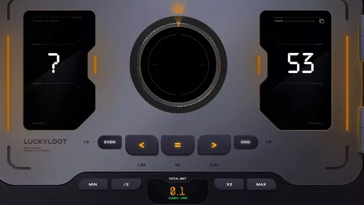 Lucky Loot game interface showing the vault with two number fields