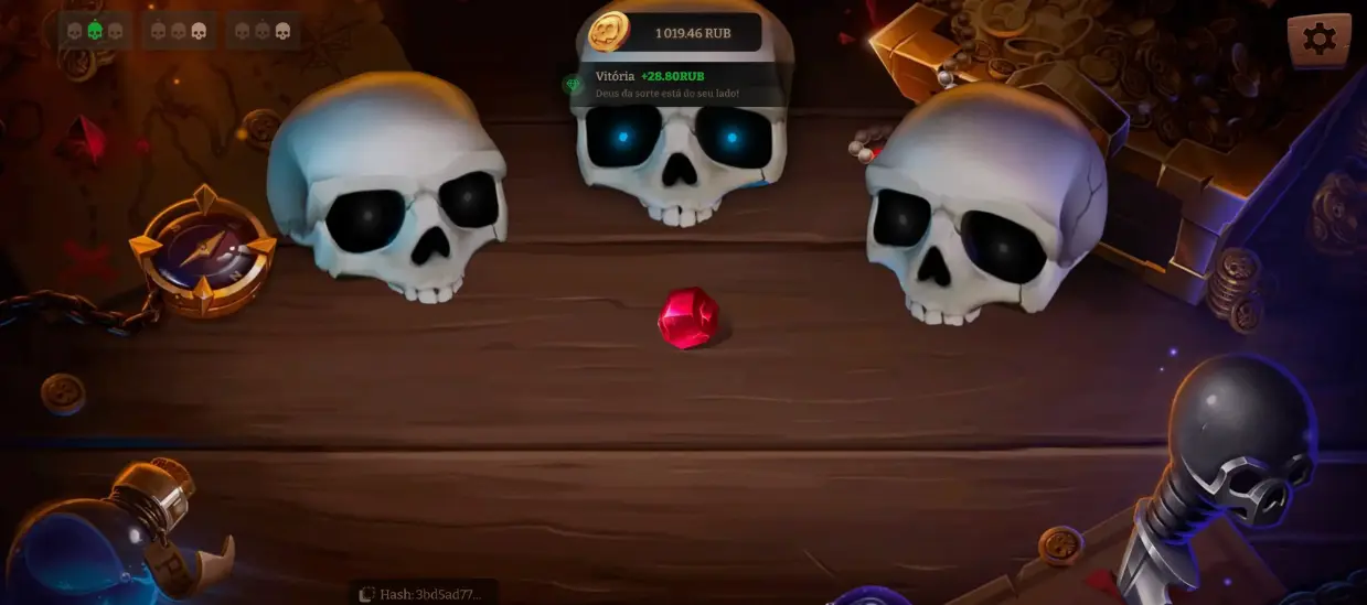 Brawl Pirates game interface with pirate-themed design featuring three skulls on wooden background
