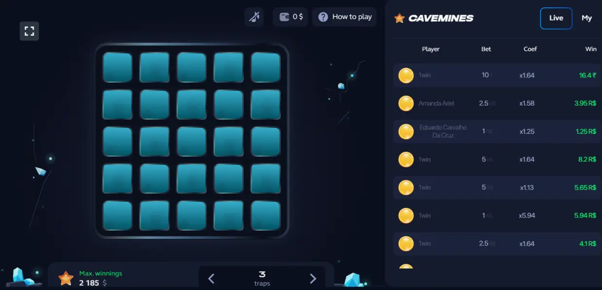 Mines slot game interface showing game grid and betting panel