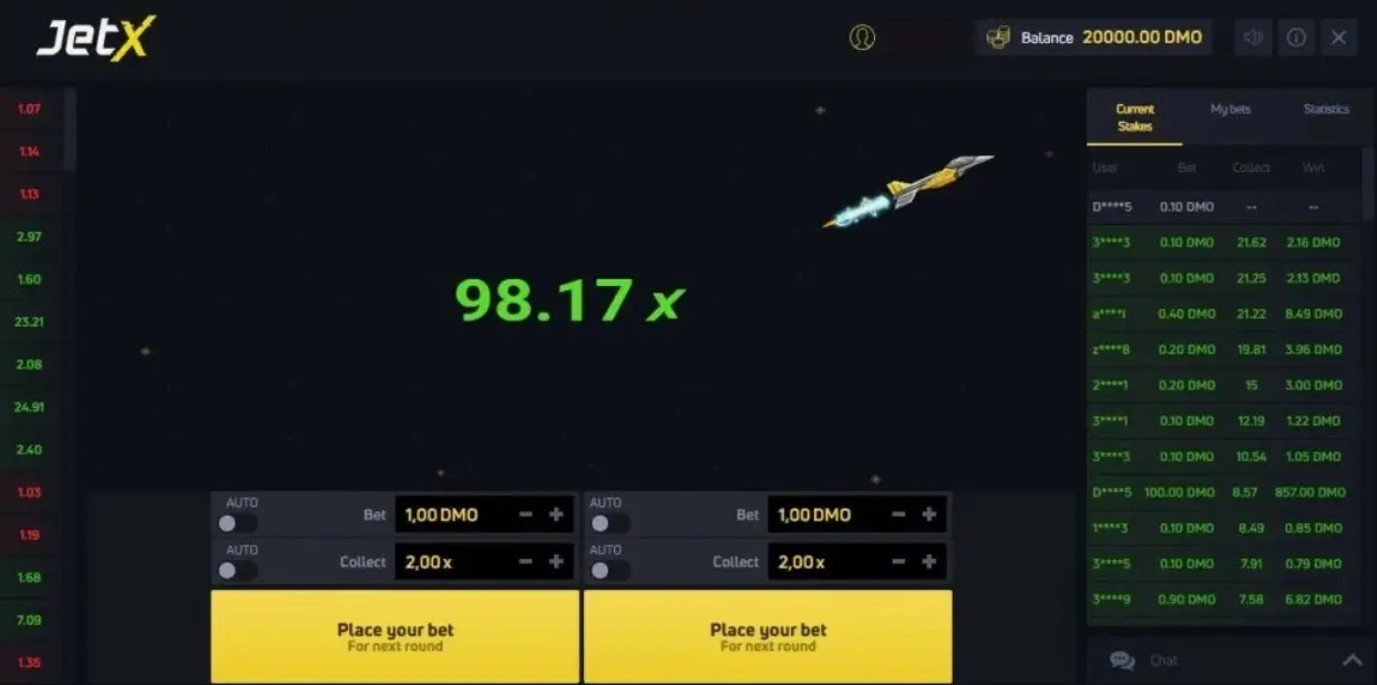 JetX game demo interface showing betting options