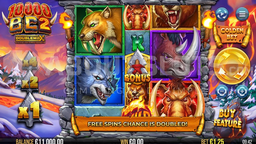 Game slot interface showing prehistoric landscape with snow and lava