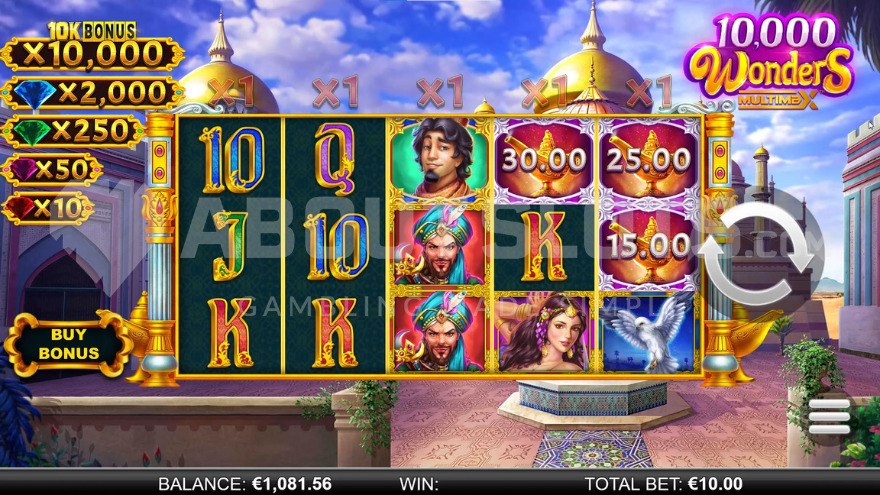 Main game screen showing various jackpots on the left side of the reels