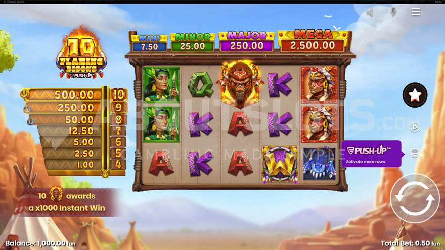 Base game with instant win table on the left showing potential prizes