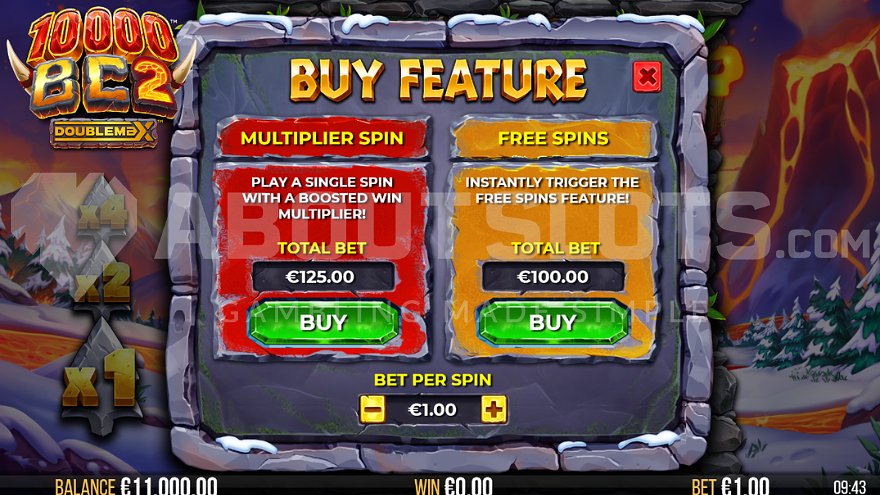 Feature buy screen offering free spins for 100x bet increase