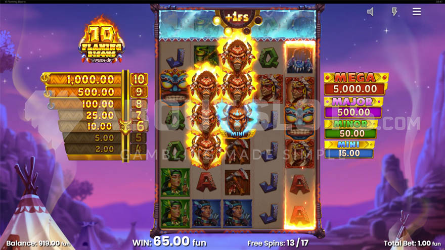 Bonus game with free spins showing six flaming bisons on the reels