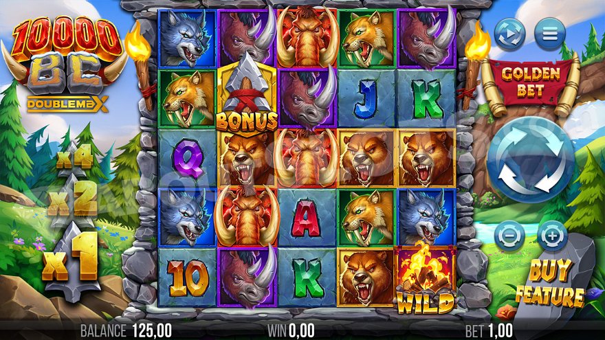Game slot with five reels showing animal symbols and prehistoric theme
