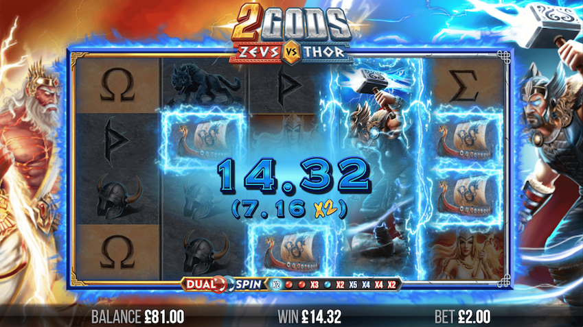 DualSpin feature interface in 2 Gods Zeus Vs Thor slot showing red and blue spin buttons