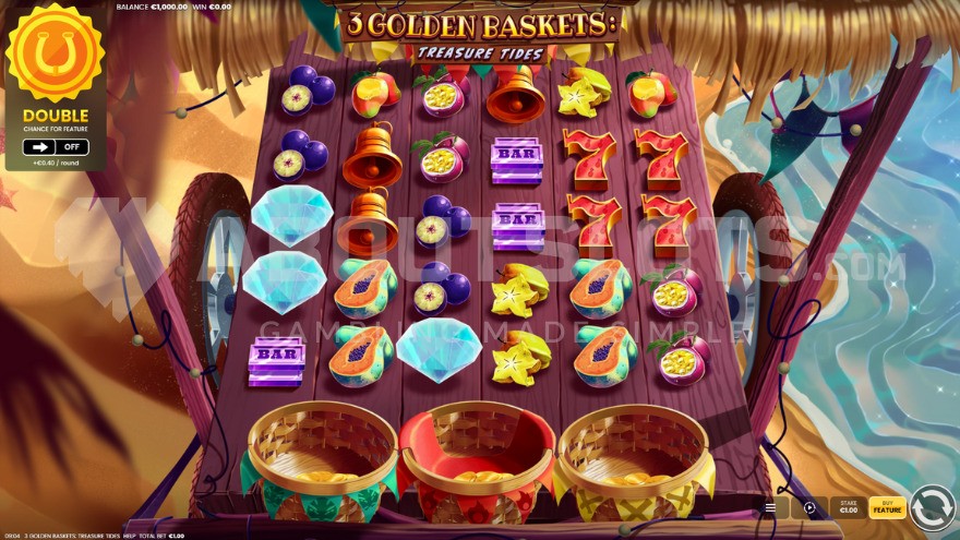 Base Game Screen of 3 Golden Baskets: Treasure Tides Slot