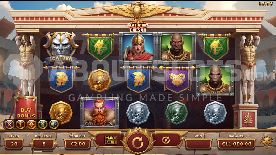 Roman-themed slot game base screen with gladiators