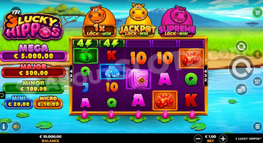Base game view showing three hippos above the reels