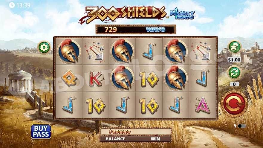 300 Shields Mighty Ways slot game interface showing Spartan warriors and expanding reels