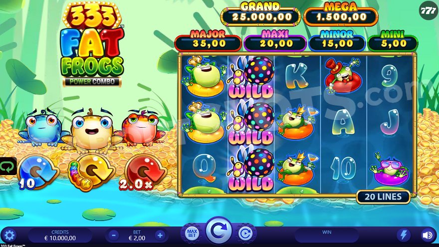 Game screen showing three frogs sitting on golden coins beside the reels