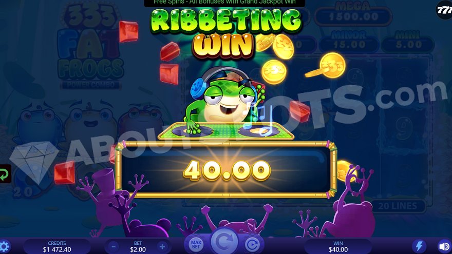 Slot game feature showing free spins activation with colorful frog symbols
