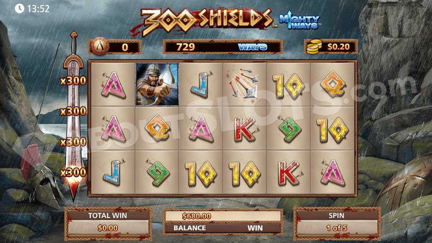 300 Shields Mighty Ways slot showing cascading symbols and expanding reels feature