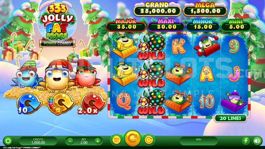 Slot game with three frogs on a frozen lake during winter.
