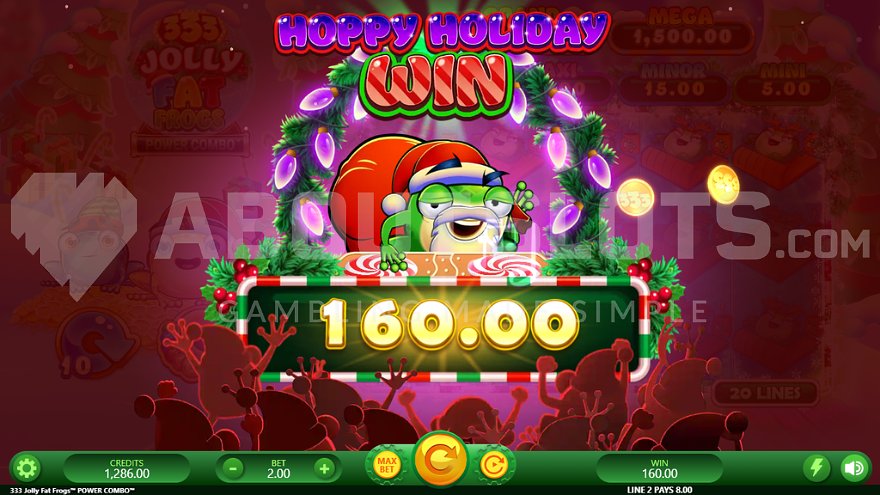 Santa Frog celebrating an 80X win with festive decorations.