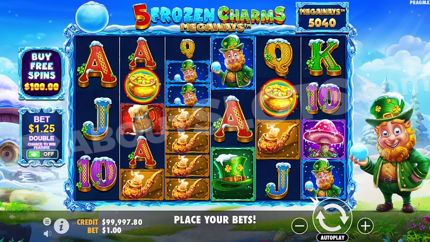 Megaways slot game set in a snowy Irish landscape with leprechaun character.