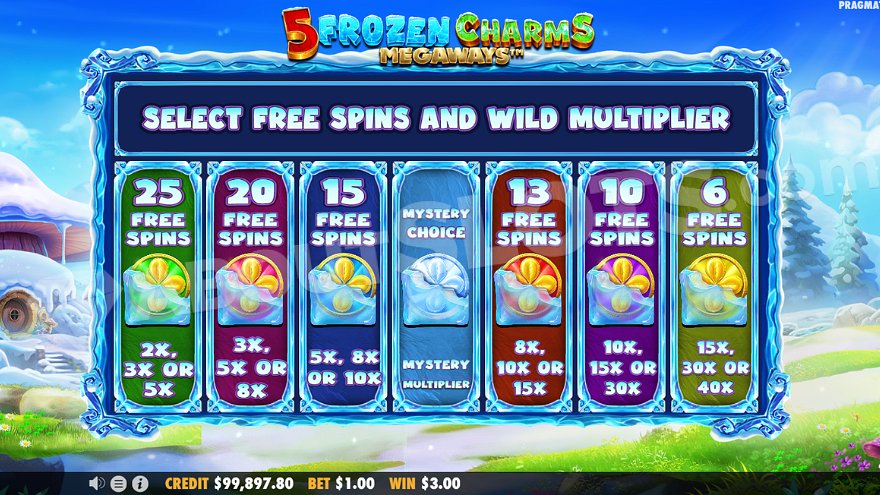 Menu allowing players to select one of seven free spins modes with different multiplier values.