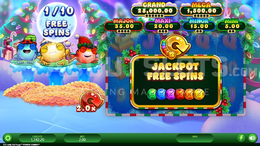 Free spins feature with multipliers and special symbols in the 333 Jolly Fat Frogs slot.