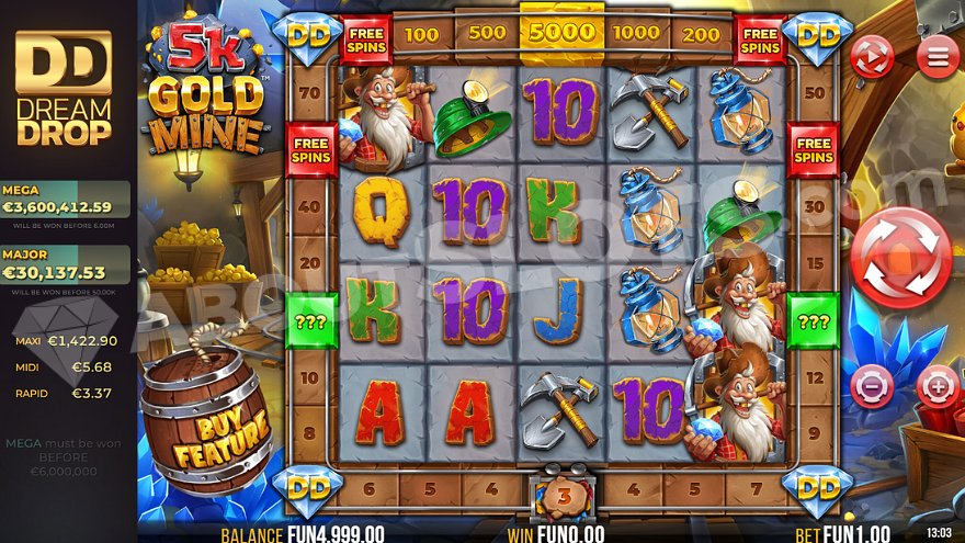 Base game view of the 5K Gold Mine slot showing the mine environment