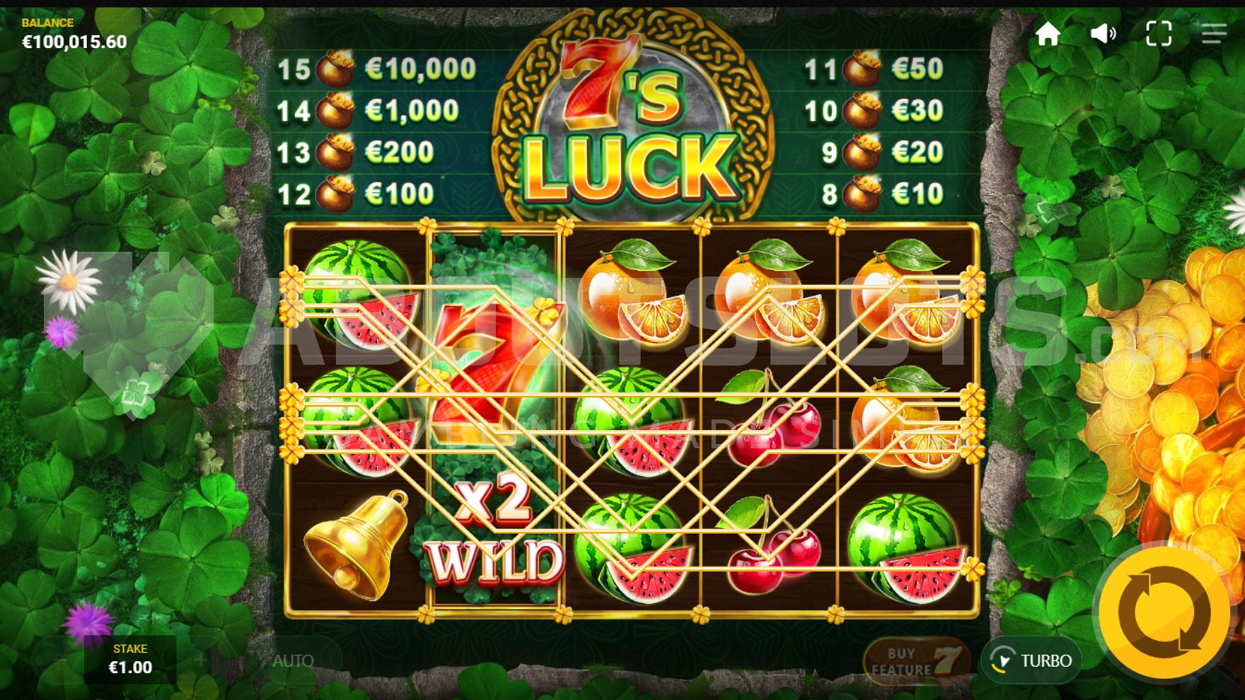 Winning combination with stacked Wild symbols on the second reel in 7's Luck slot