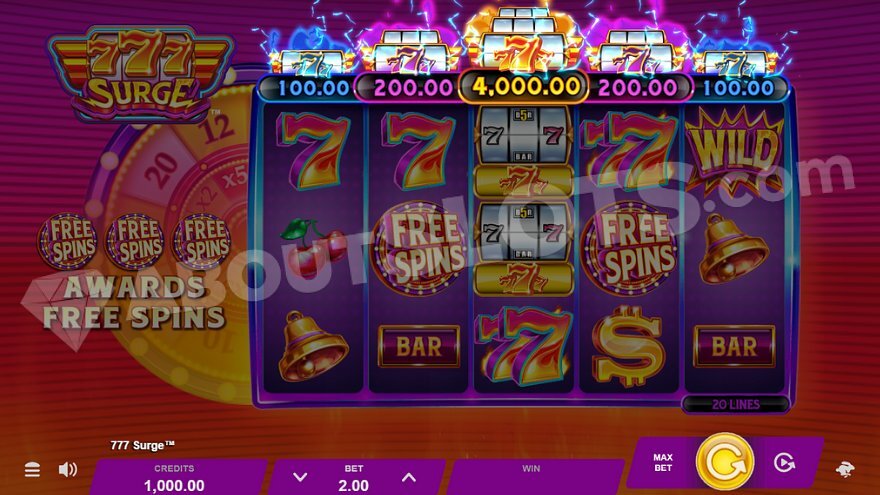777 Surge slot game main screen with flaming background