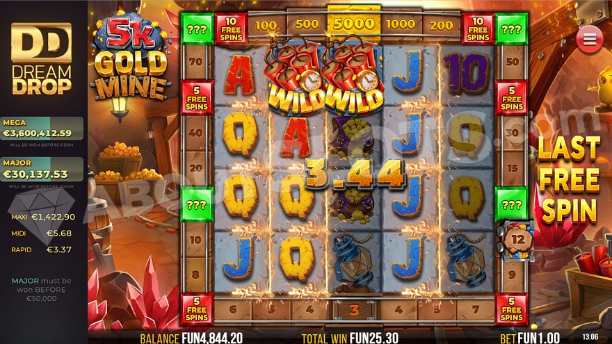 Win of 3.44 euros on the last free spin in 5K Gold Mine slot