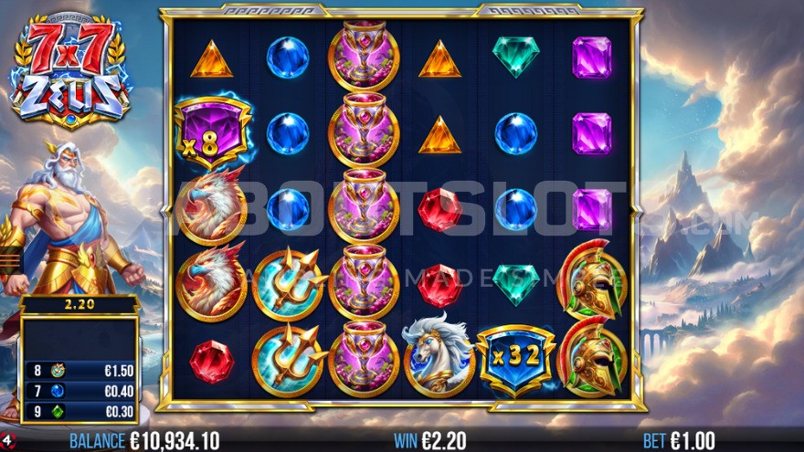 7x7 Zeus game showing multiplier symbol with 32X value
