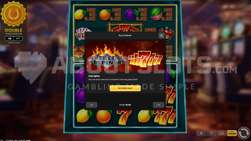 Feature buy menu showing 70X bonus buy option in 777 Streak