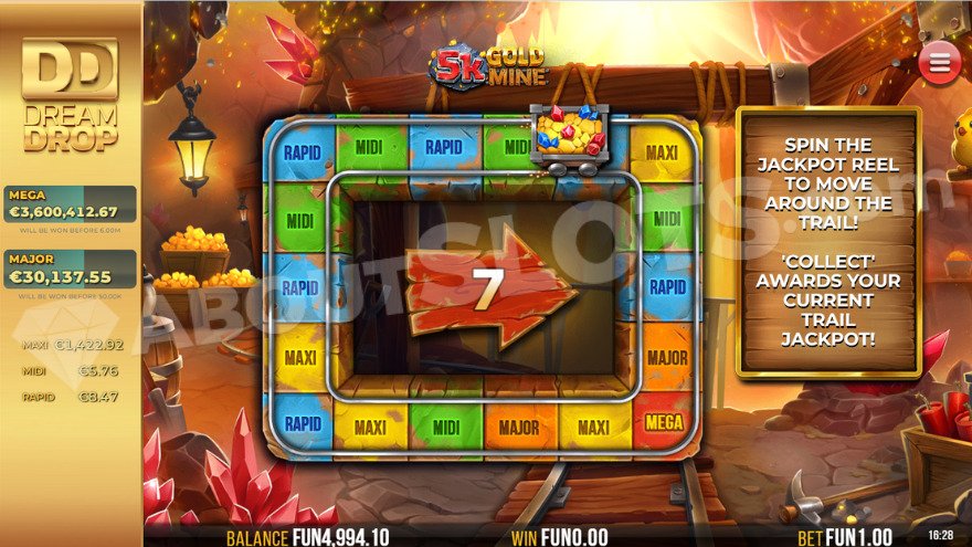 Game board with 18 positions and five progressive jackpots in Dream Drop feature