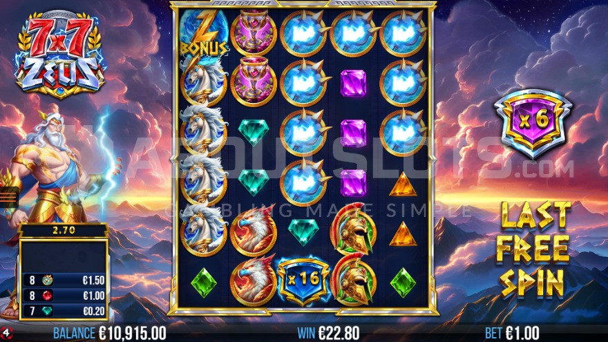 7x7 Zeus free spins feature on last spin