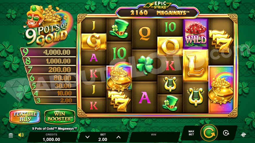 Six reels on a green background in 9 Pots of Gold Megaways slot.