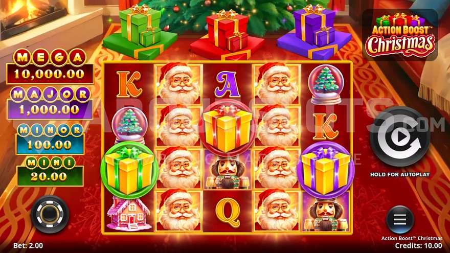 Christmas-themed slot machine with festive decorations
