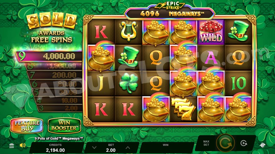 Nine pots of gold on the reels delivering the maximum Epic Strike prize of 2000x the bet.