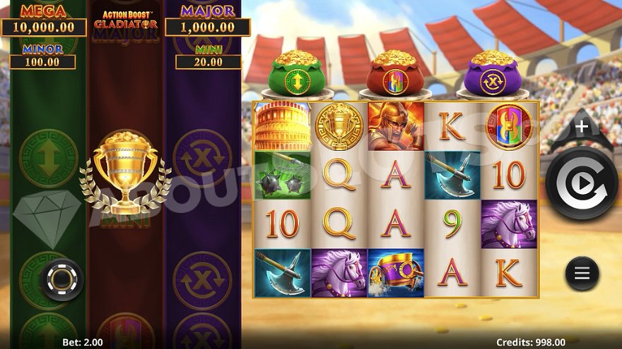Five reels centered in the gladiator performance arena.