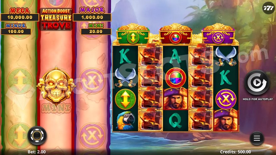 Action Boost: Treasure Trove slot interface with pirate symbols and treasure chests.