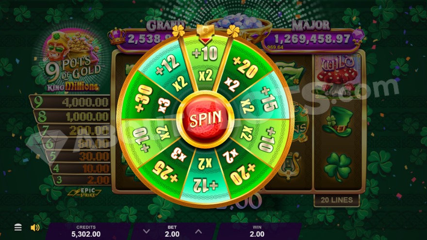 Free Spins entrance wheel showing various free spins amounts and multipliers.