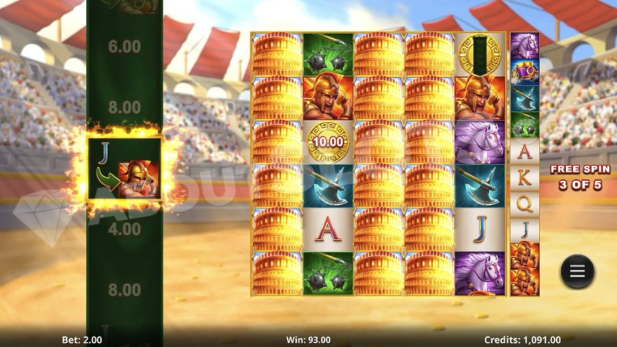 Third of five free spins with expanded wild symbols on reels 1, 3, and 4.