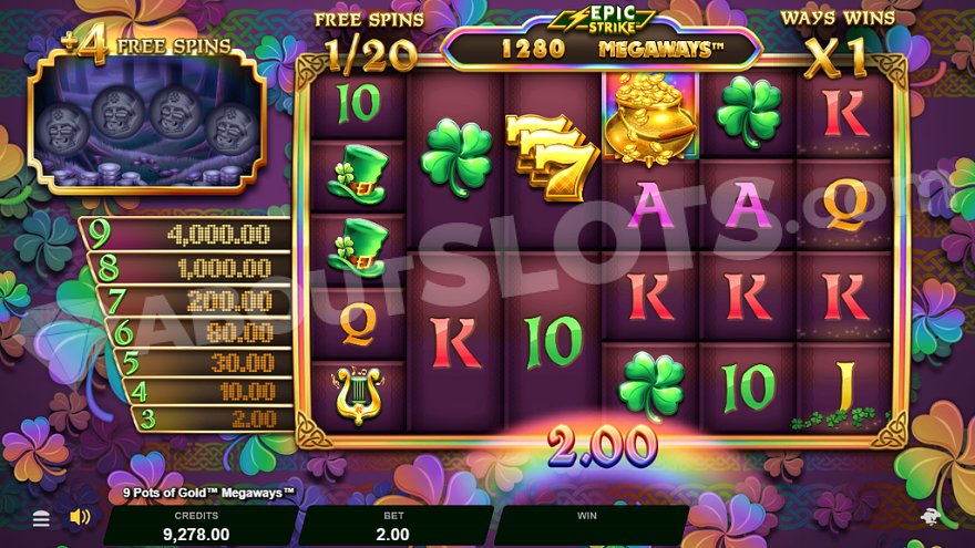 A €2 win on the first of 20 free spins in 9 Pots of Gold Megaways.