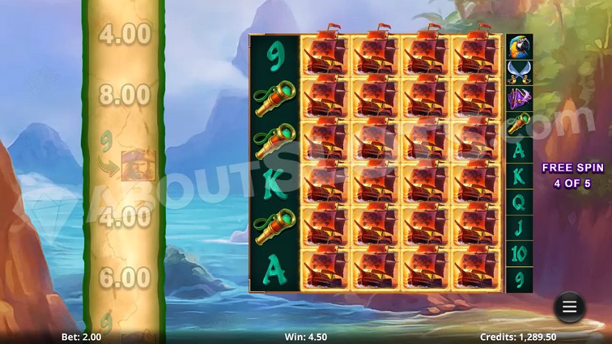 Free spins bonus round in Action Boost: Treasure Trove with multipliers displayed.