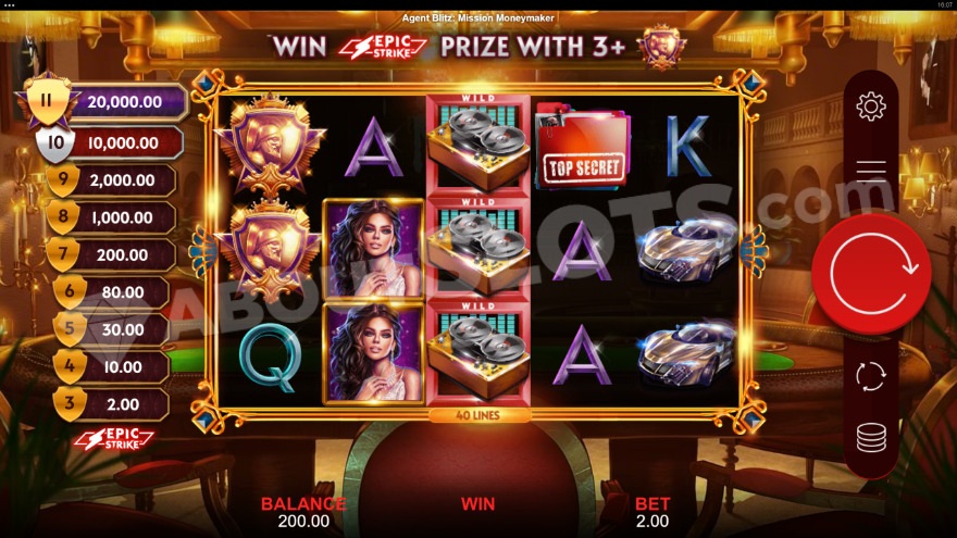 Base game display with golden casino backdrop setting the scene for Agent Blitz