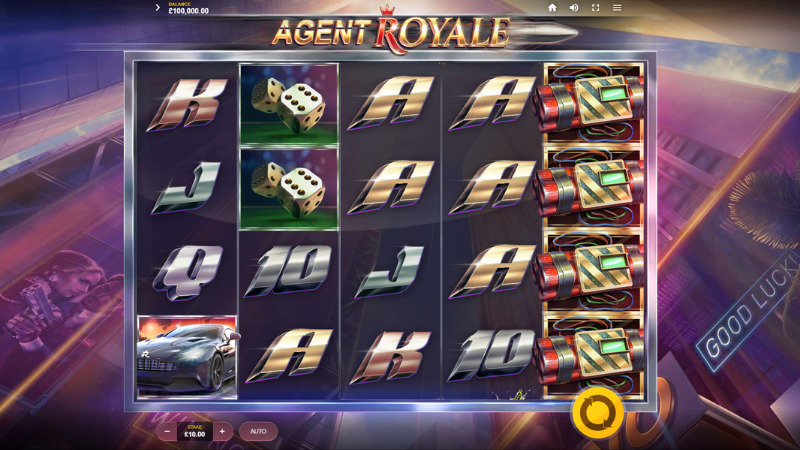 Agent Royale slot game screen showing the main character and game symbols