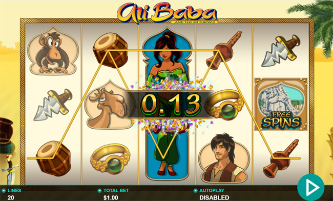 Ali Baba slot gameplay from Leander Games showing the bonus feature