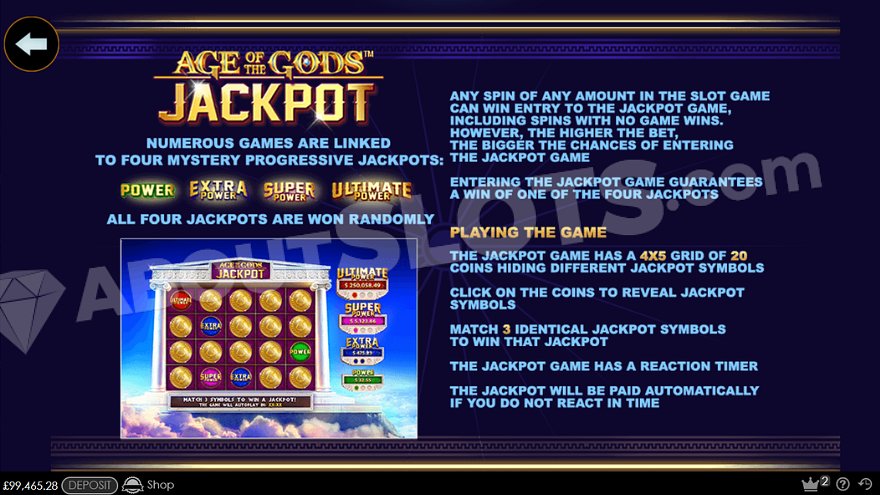 Age of the Gods jackpot feature screen