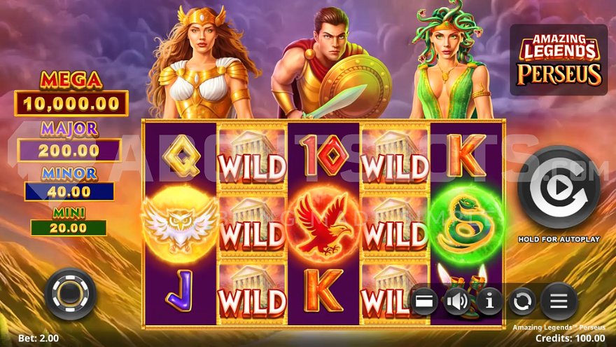 Slot machine with images of Perseus, Athena and Medusa above the reels