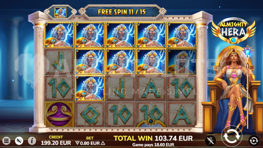 Free Spins mode with Zeus as the super stacked symbol.