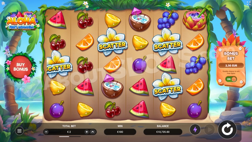 Four scatter symbols activating free spins in Aloha Fruit Bonanza