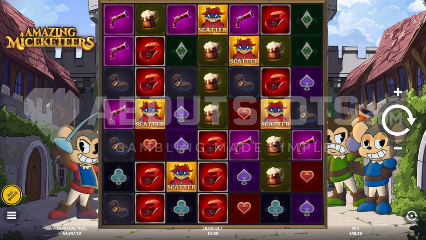 Amazing Miceketeers bonus game activation screen with scatter symbols