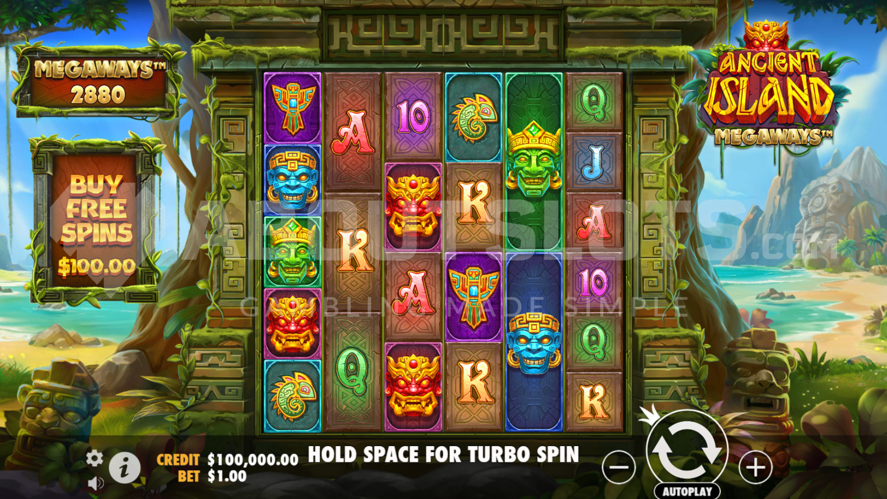 Ancient Island Megaways base game interface showing game reels and tropical background
