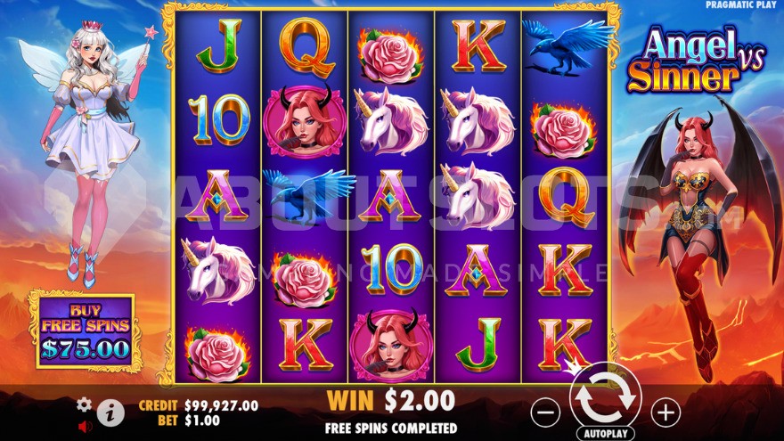 Base game with angel and devil figures positioned on both sides of the reels